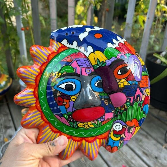Mexican Folk Art Talavera Moon Sun Eclipse Hand Painted Clay Wall Hanging 8.5" - Picture 7 of 16